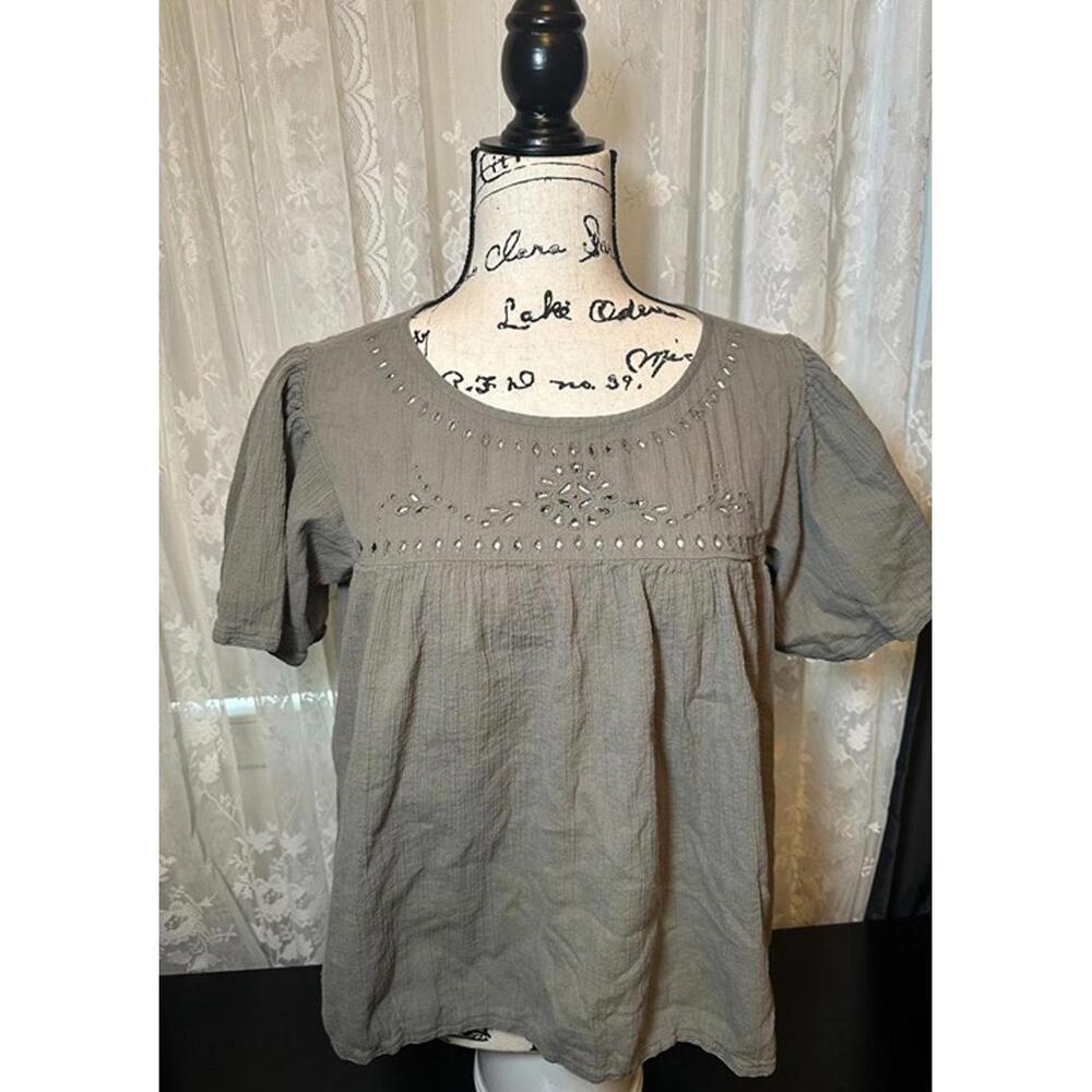 BeachLunchLounge Collection Boho Eyelet Embroidered Blouse Size Small Taupe